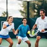 En familie spiller padeltennis sammen smiler og nyder spillet